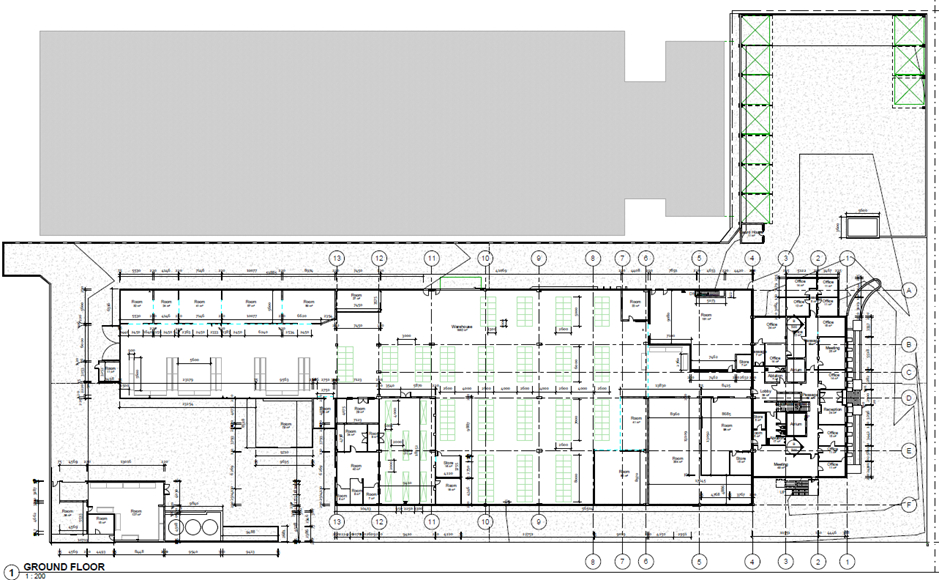 Example as-built floor plan (with green highlights)